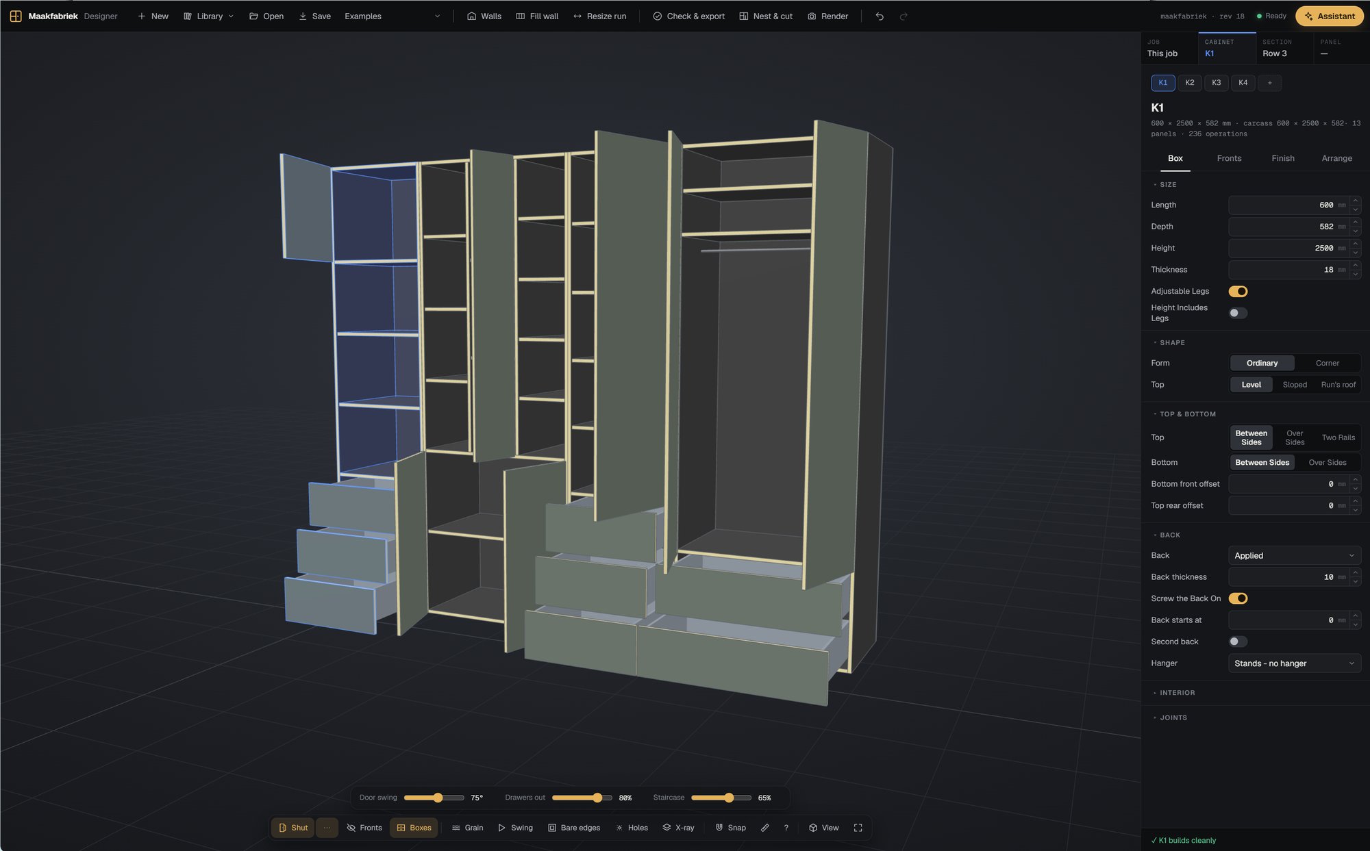 The Cutready designer: a 2500 mm tall wardrobe run in 3D with open doors and drawers, and the cabinet's size, top, bottom and back settings in the side panel